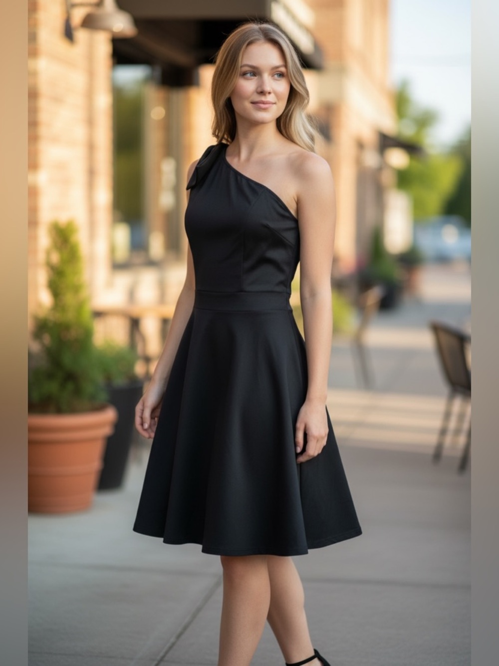 NWOT JASAMBAC Black One Shoulder Bow A-Line Cocktail Dress with Pockets Size L